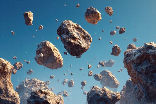 Floating rocks against a blue sky create a surreal, dreamlike landscape with a sense of weightlessness and wonder for creative ideas.