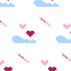 Seamless pixel pattern with pink hearts, clouds, and I love you text. Cute retro Valentine design perfect for wrapping paper, cards, fabric, stickers, and digital projects