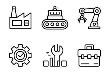 Industrial and engineering line icons set featuring factory, robot arm, and tools