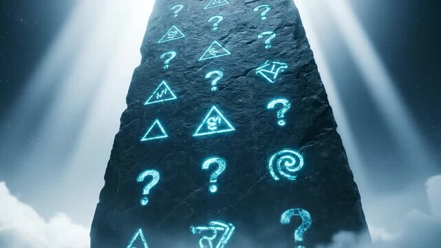 Mysterious Monolith Glowing Runes Question Marks Ancient Quiz Stone