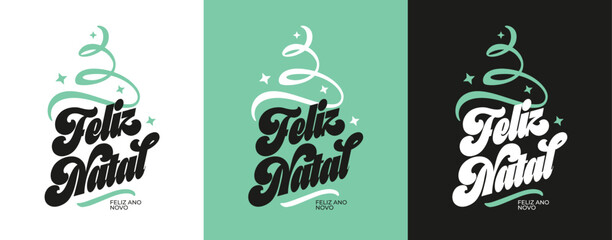 Conjunto de letterings manuais de Feliz Natal e Feliz Ano Novo com &aacute;rvore de natal abstrata e estilo retr&ocirc;.