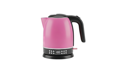 Modern Pink Electric Kettle with Digital Display and Black Handle on Transparent Background Perfect for Kitchen Appliance Photography