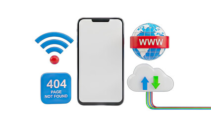 Modern Smartphone Displaying Connectivity Issues Beside Cloud Storage Icons and a World Wide Web Symbol Against a Transparent Background