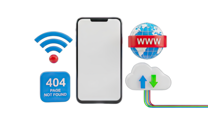 Modern Smartphone Displaying Connectivity Issues Beside Cloud Storage Icons and a World Wide Web Symbol Against a Transparent Background