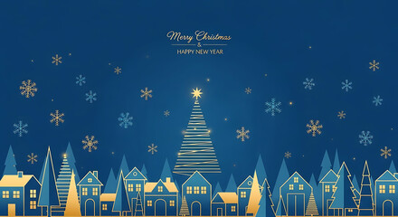 A festive christmas village scene with a large tree and snowflakes in the night sky with a blue background