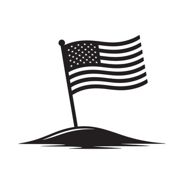Black and white silhouette of the american flag waving on a pole planted in a small mound