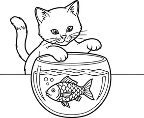 Curious Kitten Peering into Fish Bowl with Single Fish © Nayon