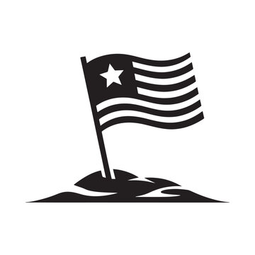 A monochromatic icon depicting a waving flag with a single star planted on a small hill