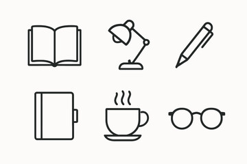 Minimalist icons: book, lamp, pen, notebook, coffee cup, glasses