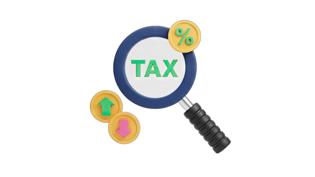 Magnifying Glass Over The Word TAX With Golden Coins Showing Up and Down Arrows and Percentage Symbol Indicating Financial Analysis and Audit In Transparent Background - Powered by Adobe