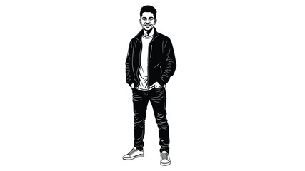 A striking black and white illustration of a young man standing in casual attire