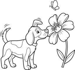 Curious Puppy Sniffs Flower in Garden with Butterfly