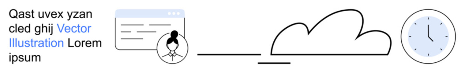 Technology, cloud computing, time management, user interaction, data organization, remote access. A cloud connected to a clock and user profile. Technology and cloud computing concept