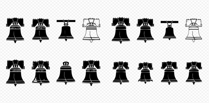 Set of Liberty Bell icons in various styles, representing freedom and American history.