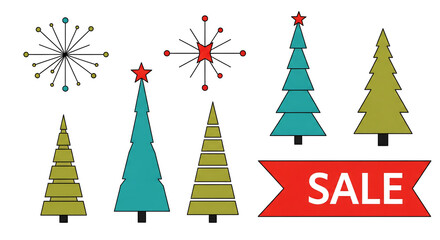 A vibrant collection of retro Christmas and holiday design elements with geometric shapes