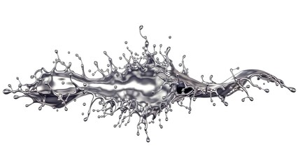 Dynamic Silver Liquid Splash with Droplets on White Background