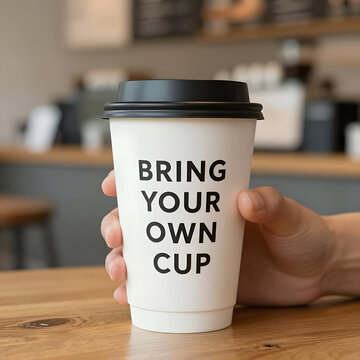 BRING YOUR OWN CUP' Paper Coffee Cup Hand-Held on Wood &mdash; Zero-Waste Promo