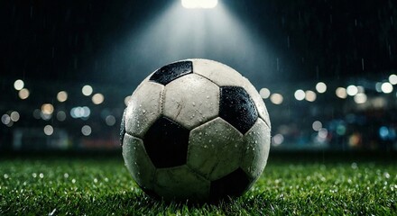 Soccer Ball on Green Grass Field with Stadium Lights Background