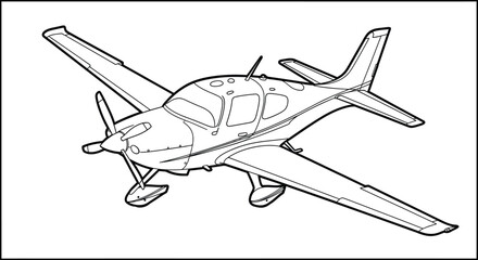 Detailed Line Art Drawing of a Single Engine Propeller Airplane Outline