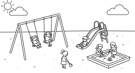 Detailed Line Art Children Playing Happily on Outdoor Playground Equipment