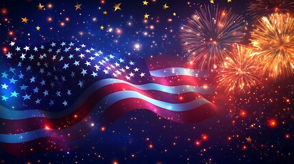 Patriotic celebration with a waving united states flag against a starry night sky