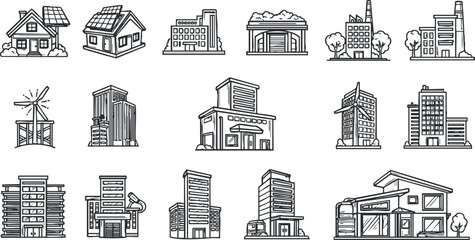 Obraz premium Collection of minimalist black and white vector illustrations of various building types for urban design and architecture projects