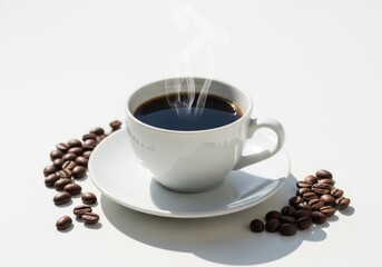 Fototapeta premium Steaming hot black coffee in white ceramic cup, fresh roasted coffee beans on bright white background, morning espresso with rising steam, minimalist cafe beverage photography