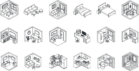 Isometric vector illustration set featuring various interior designs including living rooms, bedrooms, and office spaces for creative projects.