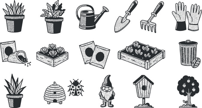 Hand-drawn vector icons representing gardening tools and plants, ideal for botanical designs and eco-themed projects