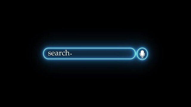 Glowing blue neon search bar with microphone icon on black background search engine internet search