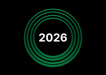 2026 Future Vision with Green Concentric Rings, Glowing neon green circular 2026 badge on a dark black background. Futuristic digital ring design, modern minimalistic banner, New Year graphics, tech 