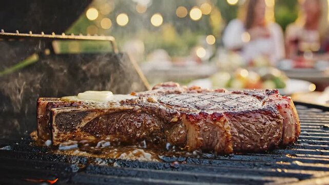 Delicious T-bone steak sizzling on a barbecue grill with butter melting, outdoor evening gathering