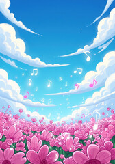 Vibrant flower field under blue sky with musical notes and clouds