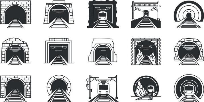 Set of minimalist black and white vector illustrations of train tunnels and railway tracks for urban transportation concepts