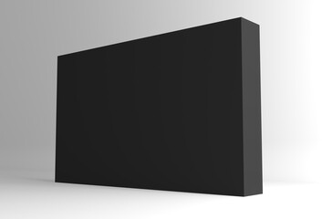 3D exhibition stand. Black empty geometric square. Black blank promotion. Presentation event room display. Blank wall. Blank mock-up box product isolated. Mockup for press wall, pop up. Template
