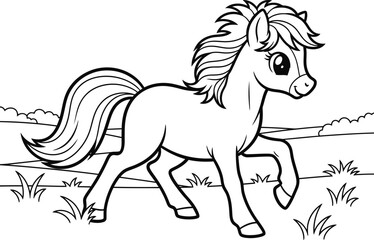 Cute Horse Coloring Page for Kids Running in Meadow