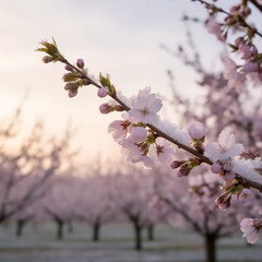 Obraz premium Macro Backlit Cherry Blossom With Frost — Spring Orchard, Copy Space