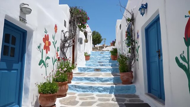 Sunlit white-washed Mediterranean alleyway with blue doors and blooming pots along steps in sunshine
