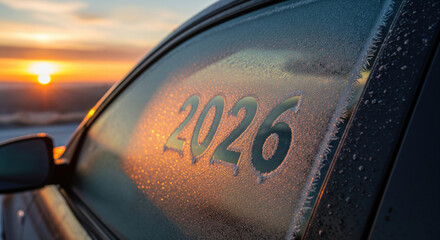 Frosty Car Window with the Year 2026 at Sunrise over Landscape
