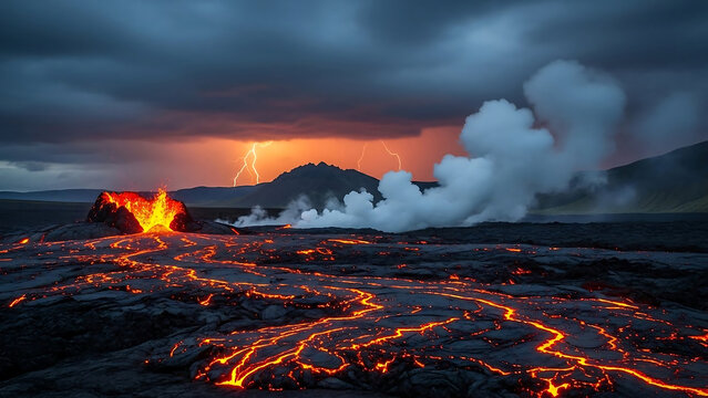 Erupting volcano with lava flows and smoke at sunset or sunrise time