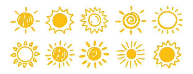Hand drawn Sun. Set of Sun icon. Doodle children drawing. Solar icon. weather sign. Vector illustration. Suitable for stickers, logos, posters, packaging and printable projects.