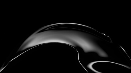 Fototapeta premium Abstract macro photograph of a single droplet of clear liquid suspended and reflecting light against a stark black background creating a dramatic and minimalist composition