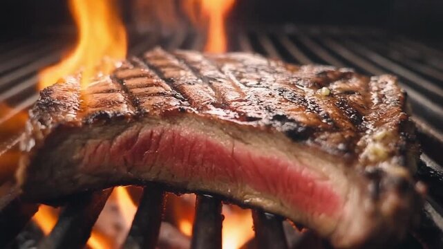 Juicy Grilled Steak Cooking on Fiery Barbecue Grill with Perfect Sear Marks and Sizzling Flames