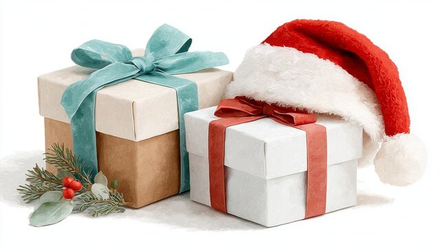 Regalos de Navidad y un gorro de Santa dibujados a mano en un fondo blanco con elementos festivos en la mesa