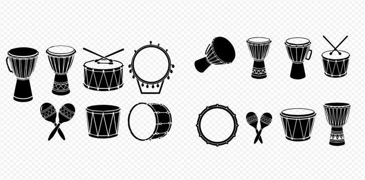 Set of various traditional percussion instruments in black and white silhouette design.