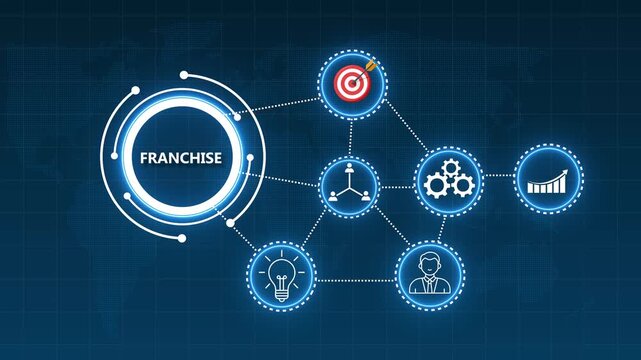 Franchise Business Strategy Infographic with Global Map and Icons Keywords: franchise, business, infographic, global, network, connection, target, goal, idea, lightbulb, gears, teamwork, growth