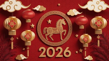2026 chinese new year gold horse zodiac decorations on red background