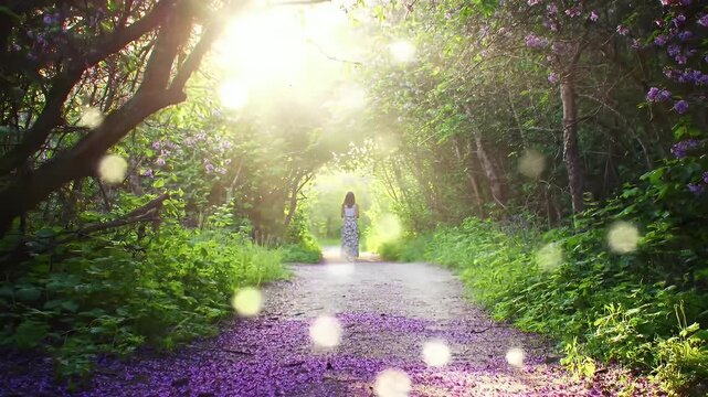 Tranquil Sun-Dappled Forest Path Surrounded by Blooming Vines and Gentle Light