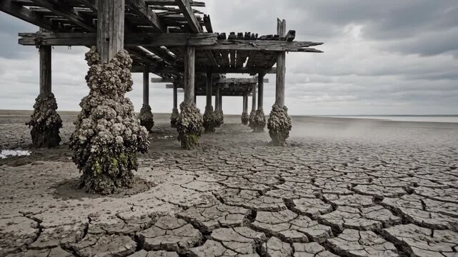 Explore the enchanting landscape where an old pier stands on parched earth. Cracked mud stretches far, and clouds loom overhead, creating a dramatic sky and unique atmosphere.
