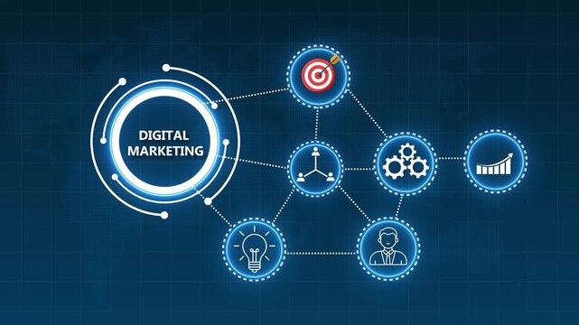 Digital Marketing Strategy Network Diagram with Icons and World Map Background image photo